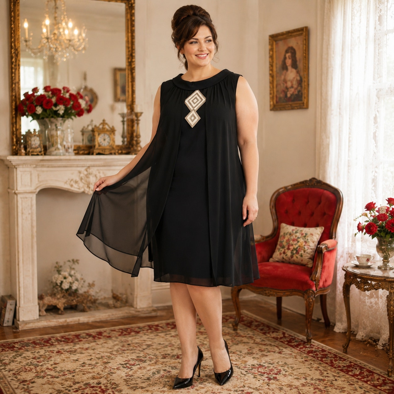 1960s Vintage Black Cocktail Dress Sheath Flyaway Chiffon Beaded Applique - Xl